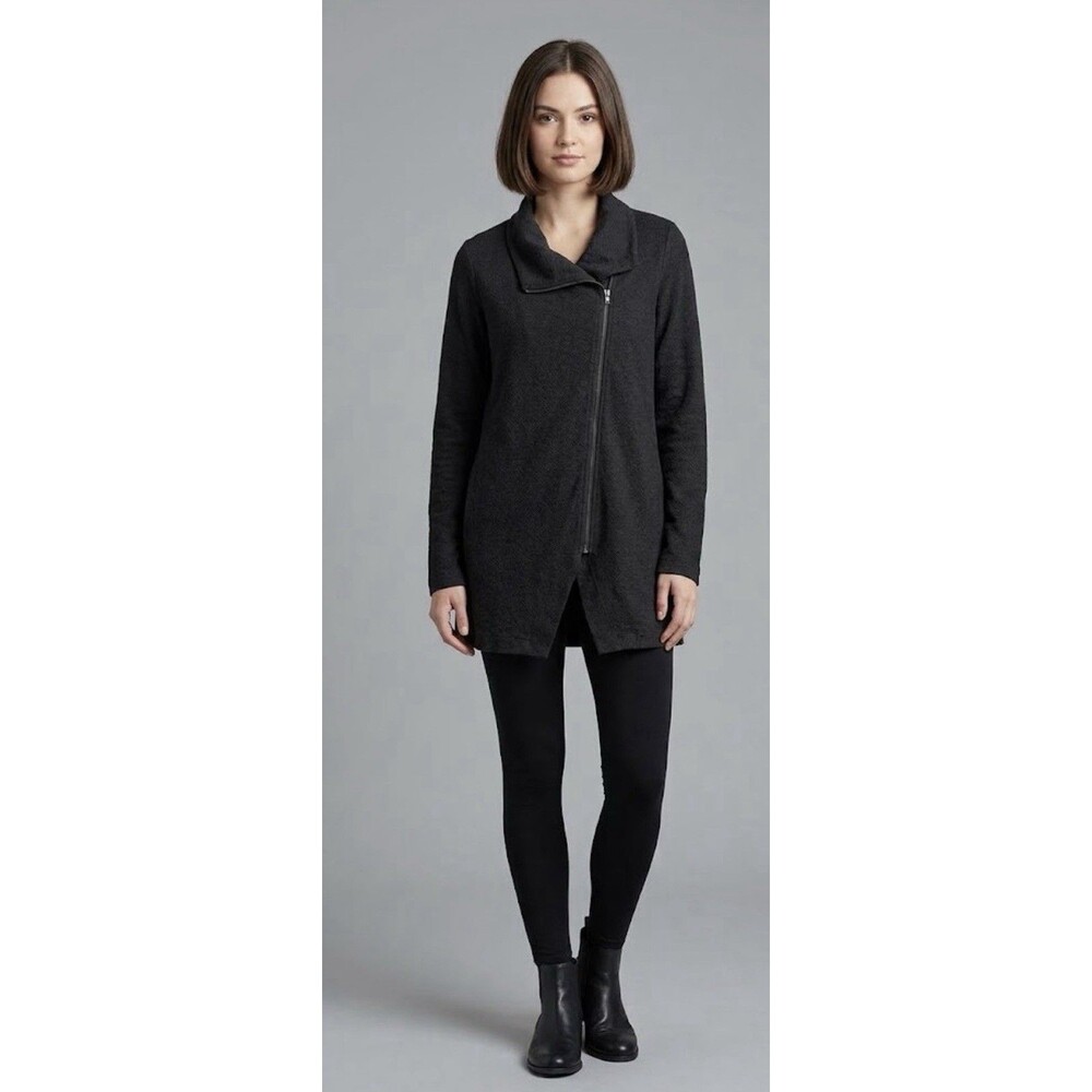 Flax Womens Jacket Black Lagenlook Art To Wear Asymetric Zip Sz Small Petite